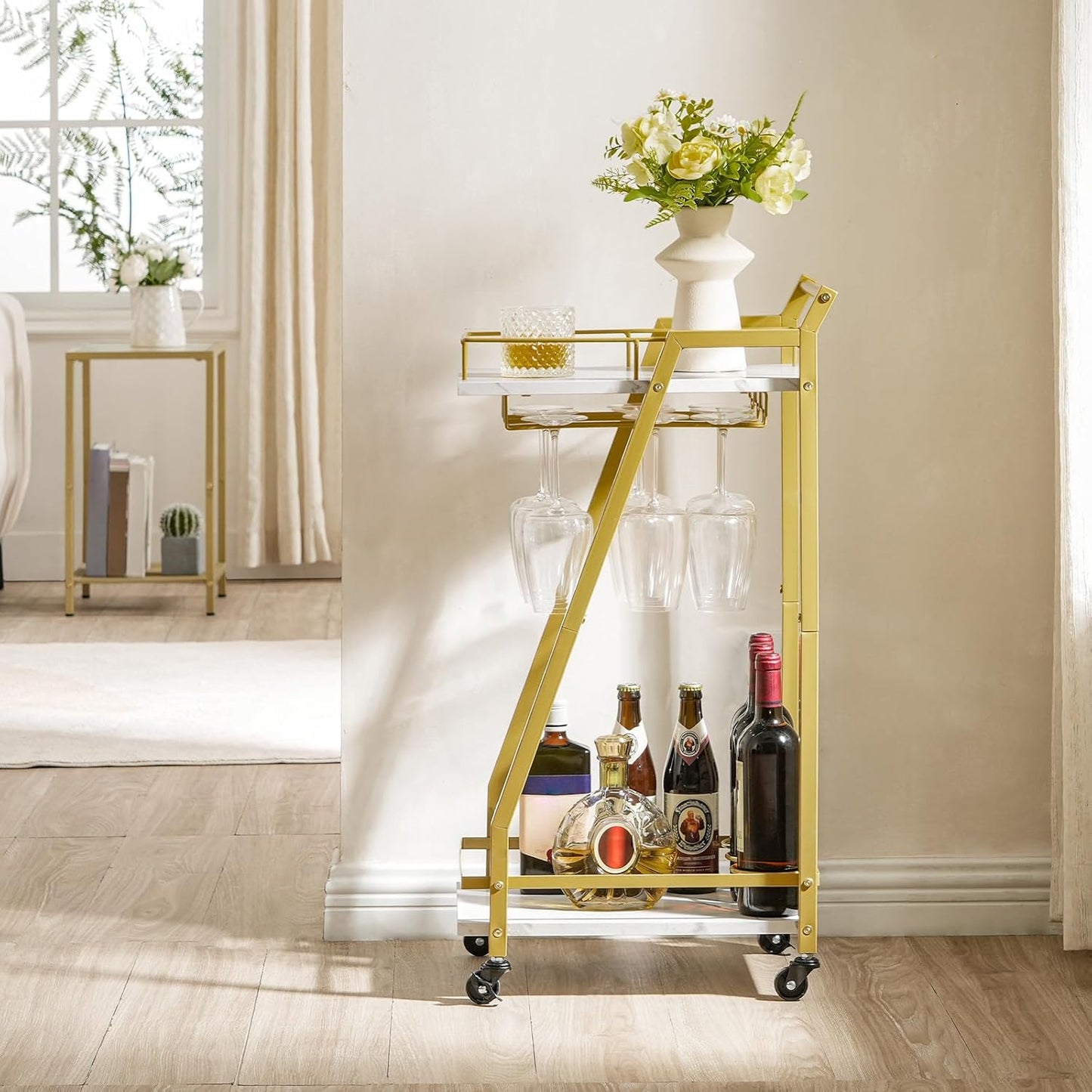 Bar Cart Gold, Home Bar Serving Cart, Kitchen Cart, Rolling Beverage Cart & Wine Rack and Glass Holder 2 Storage Shelves, Cocktail Cart for Home Dining Party, White and Gold DM27TC01