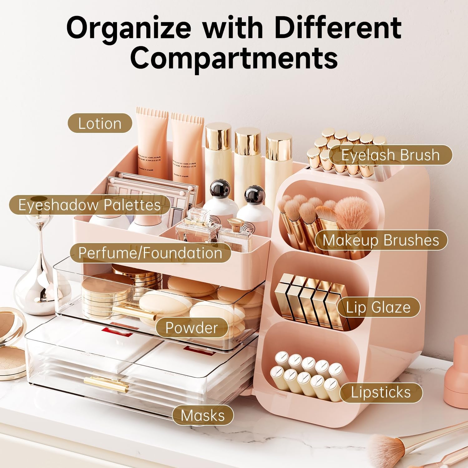 Makeup Organizer for Vanity with Brush Holder, Countertop Organizer with 2 Drawers, Spacious Cosmetic Display Case for Beauty Essential, Skincare, Lipstick