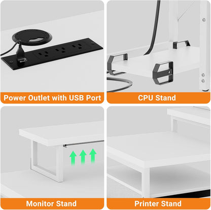 70.8" Reversible L Shaped Computer Desk with Fabric File Drawers, Corner Desks with RGB LED Light & Power Outlets & Monitor Stand, Large Gaming Desk for Home Office Workstation, White