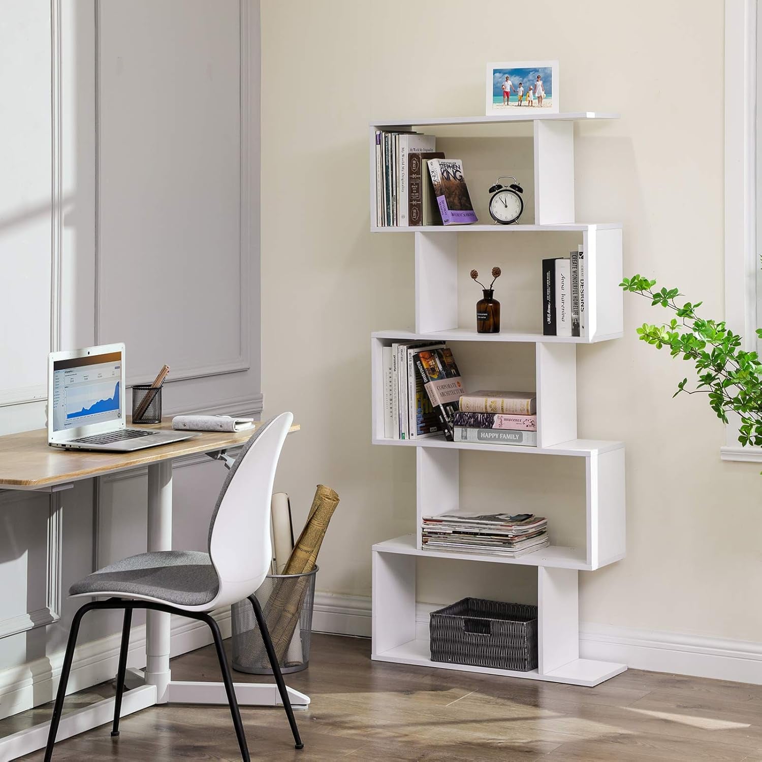 Wooden Bookcase, Display Shelf and Room Divider, Freestanding Decorative Storage Shelving, 5-Tier Bookshelf, Greige ULBC062M01 9.4D X 27.6W X 62.6H In