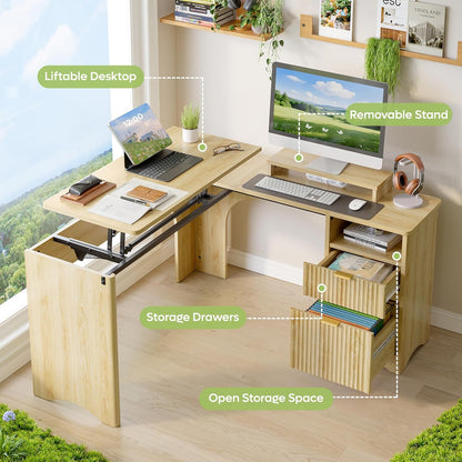 L Shaped Desk with Lift Desktop, 55 Inch Corner Desk with Fluted Panel Deisgn Drawers, Modern Office Desk with File Drawer (Natual Oak, 55'' X 55'' Lift Top)