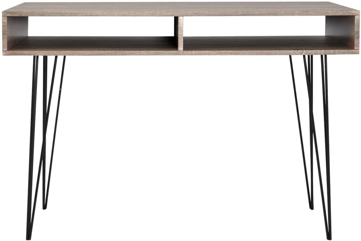 Modern Grey MDF & Black Metal Desk, 43.3 X 19.7 X 29.9 In, Stylish Rectangular Computer Office Table with 2 Storage Compartments, Ideal for Home Study & Writing