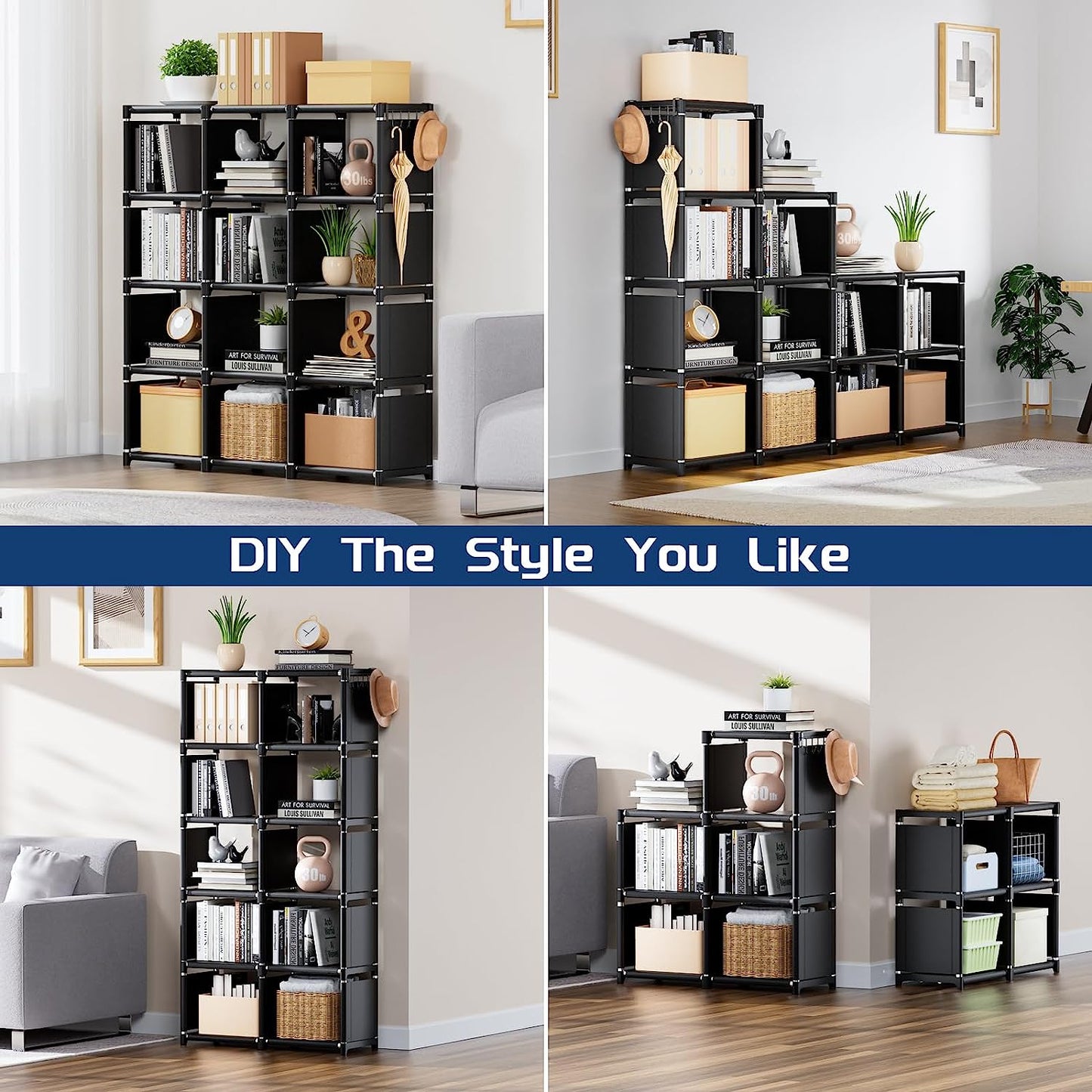 Book Shelf, 12 Cube Storage Organizer, DIY Bookcase, Metal Bookshelf,Tall Book Case for Bedroom, Living Room,Office,Closet, Black Cubicle Rack