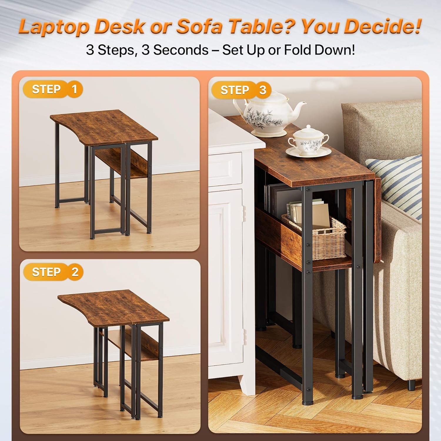 Folding Desk with Storage Shelf, 31.5 Inch Foldable Computer Table for Small Spaces, Space Saving Sofa Table for Couch, Writing Work Office Computer Desk, Easy to Fold, Rustic Brown