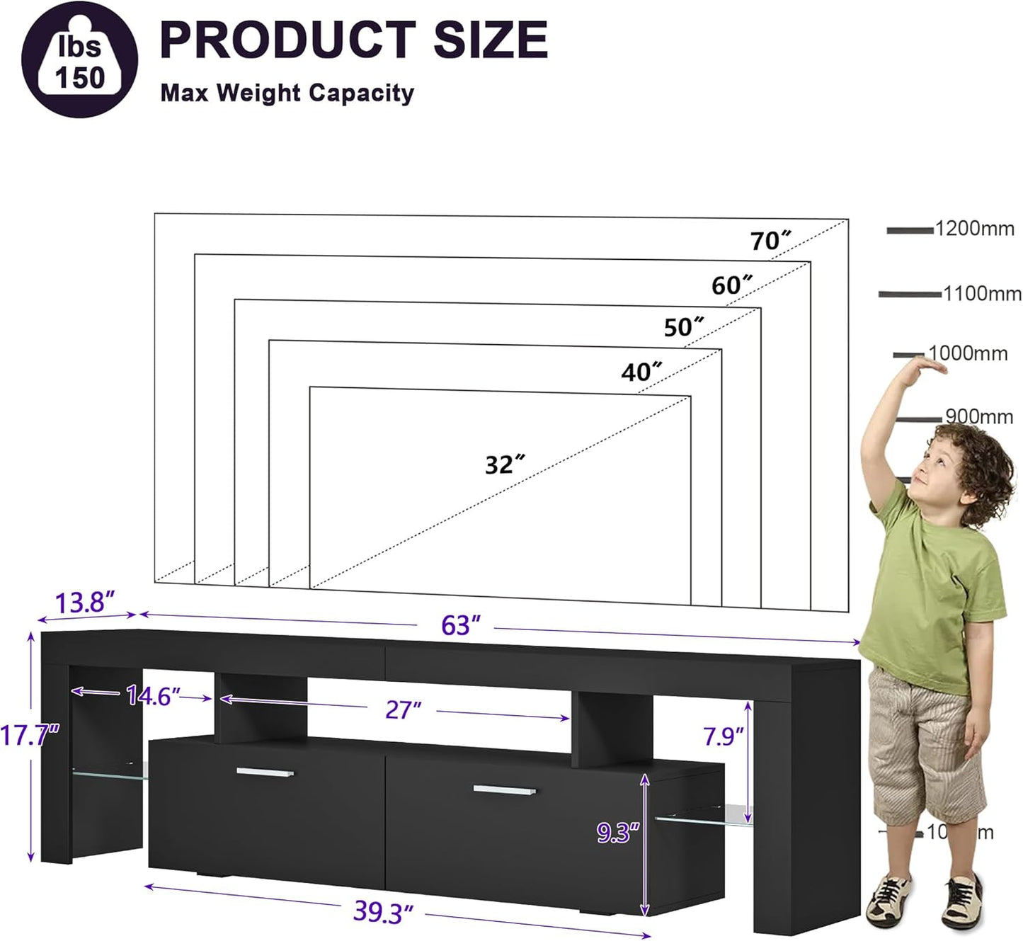 Modern Lighting 63 Inch TV Stand with Large Storage Drawer for 50 55 60 65 70 75 Inch Tvs, TV Console with 20 Color LED Lights, Entertainment Center Media and Open Shelf for Bedroom, Black