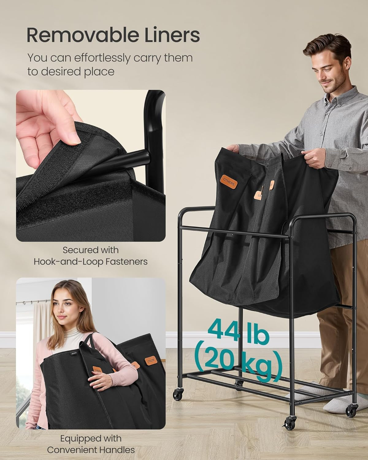 4-Section Laundry Sorter, Laundry Hamper with Wheels, Rolling Clothes Hamper Cart with Large Capacity and Removable Bags, for Laundry Room, Bedroom, Bathroom, Ink Black URLS460B01