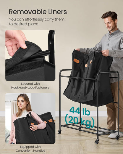 4-Section Laundry Sorter, Laundry Hamper with Wheels, Rolling Clothes Hamper Cart with Large Capacity and Removable Bags, for Laundry Room, Bedroom, Bathroom, Ink Black URLS460B01