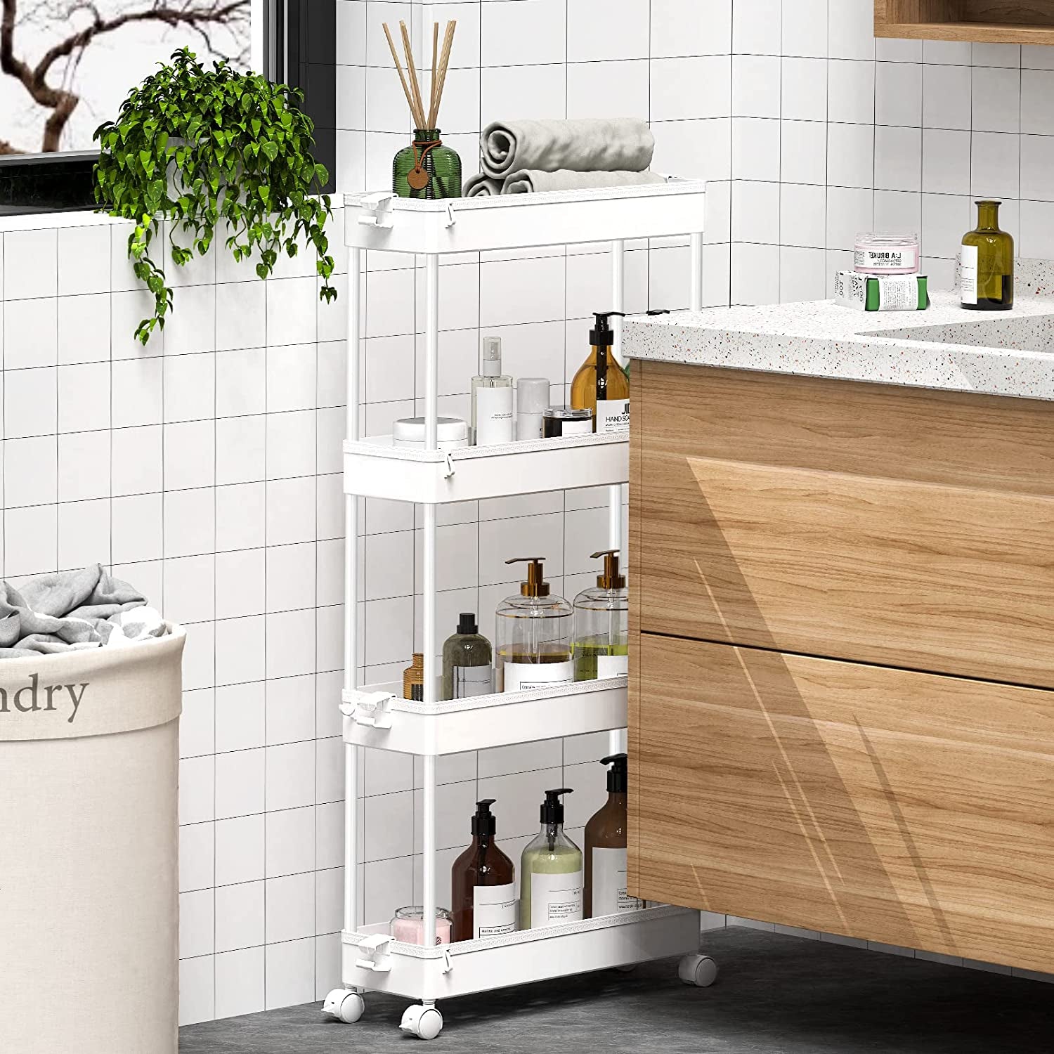 Slim Rolling Storage Cart 4 Tier Bathroom Organizer Mobile Shelving Unit Utility Cart Tower Rack for Kitchen Laundry Narrow Places, White