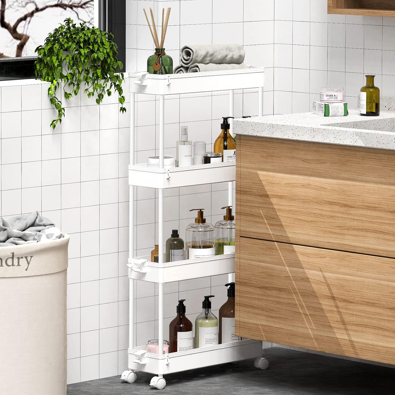 Slim Rolling Storage Cart 4 Tier Bathroom Organizer Mobile Shelving Unit Utility Cart Tower Rack for Kitchen Laundry Narrow Places, White