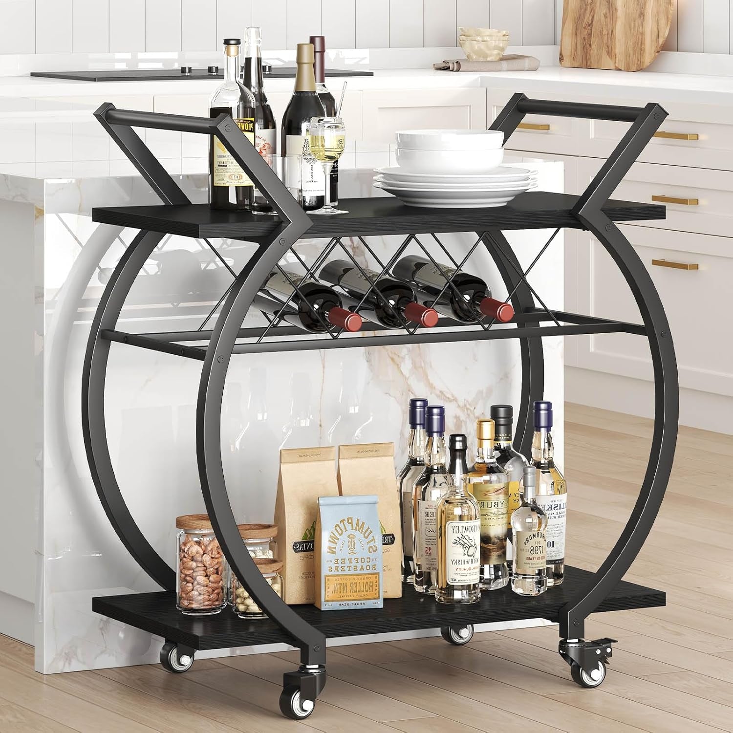 Black Wine Cart with Wheels, Modern Bar Cart with Wine Rack, Industrial Beverage Rolling Kitchen Serving Cart with Storage, Metal Wooden Microwave Drink Liquor Cart for Home Dining Room, Black Oak
