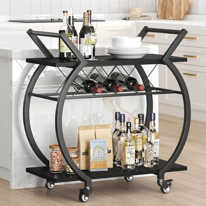 Black Wine Cart with Wheels, Modern Bar Cart with Wine Rack, Industrial Beverage Rolling Kitchen Serving Cart with Storage, Metal Wooden Microwave Drink Liquor Cart for Home Dining Room, Black Oak