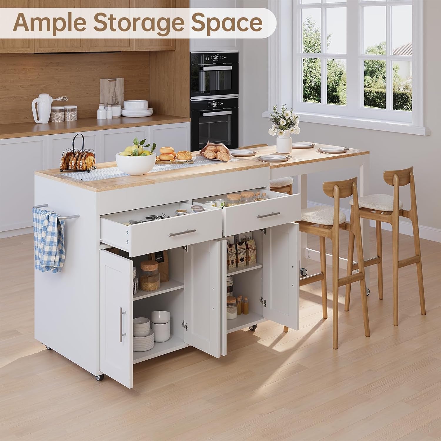 78" Rolling Kitchen Island with Extendable Table, Mobile Kitchen Islands with Storage for 2-4， 3 in 1 Island Cart on Wheels for Small Space with 2 Drawers & 4 Door Cabinet, White
