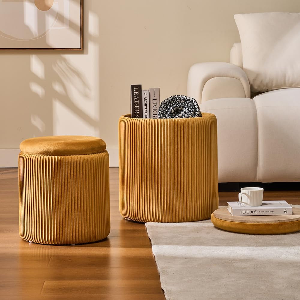 round Set of 2 Ottoman with Storage-Upholstered Velvet Vanity Stool for Makeup Multifunctional Ottomans Coffee Table Padded Seat Foot Rest for Living Room&Bedroom (Yellow)