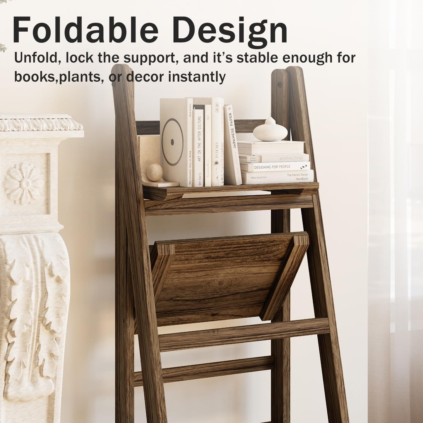 Ladder Shelves - Folding Wooden Ladder Bookshelf, 4-Tier Retro Plant Stand Storage Shelves for Home Living Room, Brown