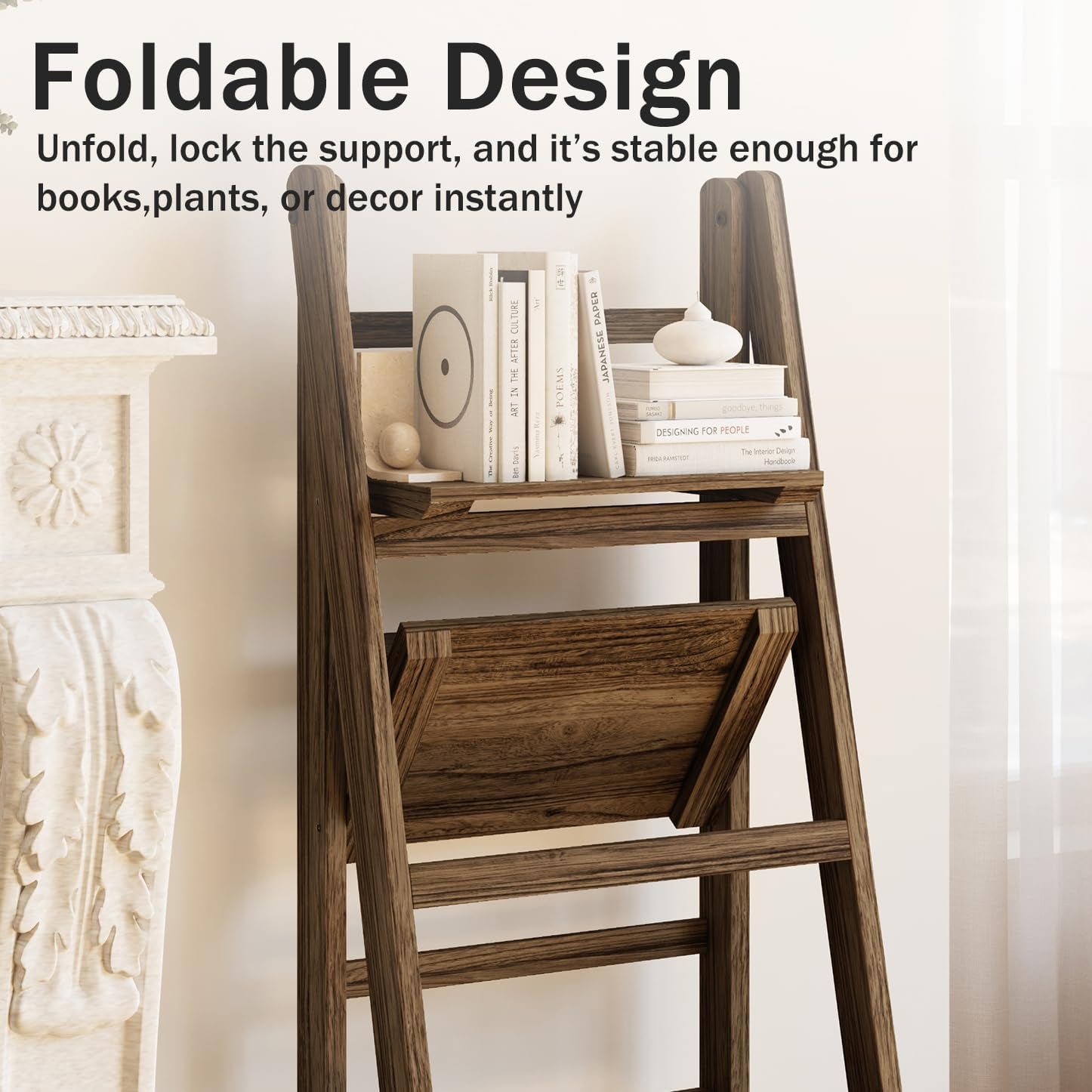 Ladder Shelves - Folding Wooden Ladder Bookshelf, 4-Tier Retro Plant Stand Storage Shelves for Home Living Room, Brown