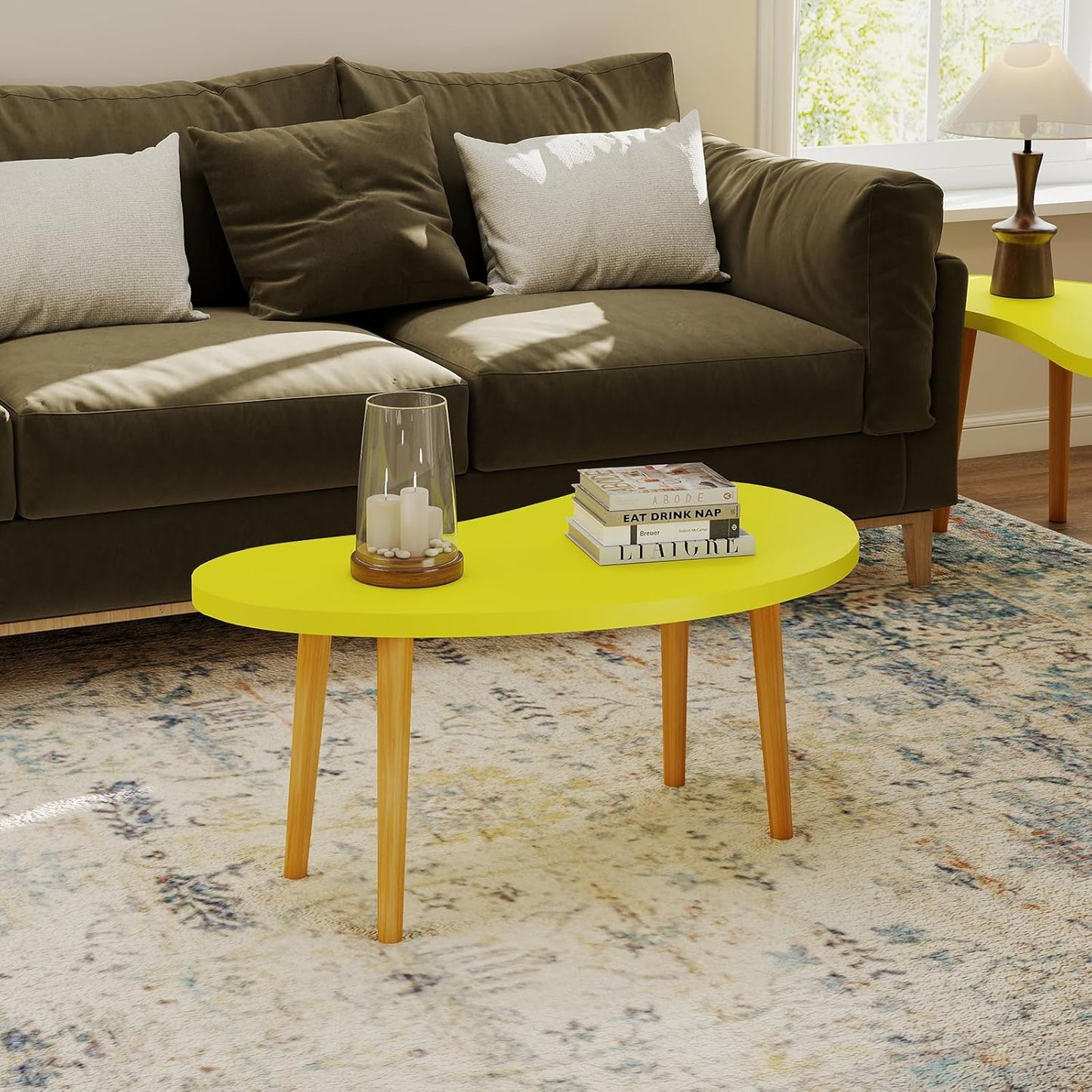 Mango Coffee Table Low Table with 4 Solid Wood Sturdy Legs, Floor Table Desk for Sitting on the Floor, Storage and Living Room Furniture (Yellow)