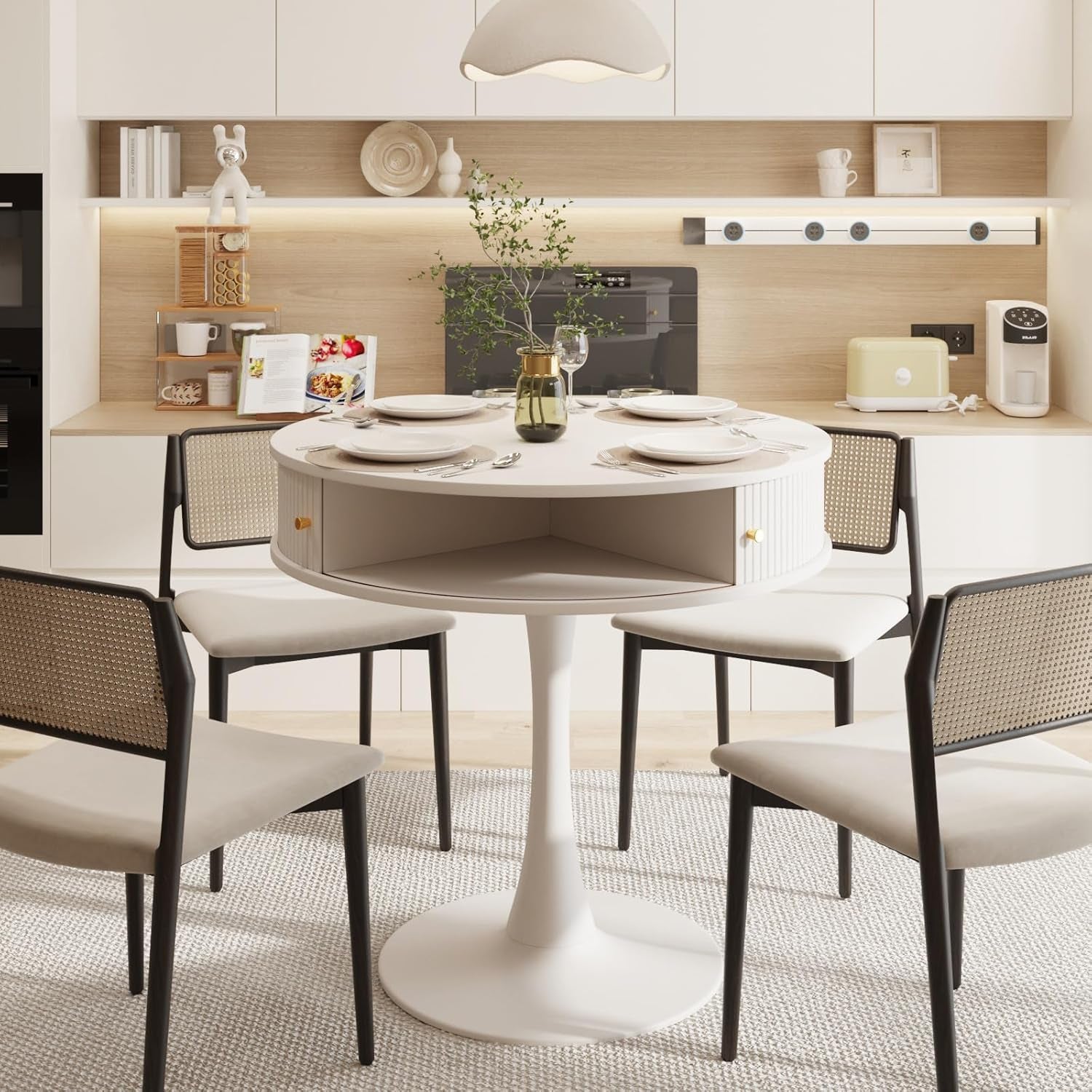 31.5"W round Fluted Pedestal Table for 2 3 4, White Circle Kitchen Dinner Table with Hidden Storage, 31''H Small Tulip Breakfast Desk with Sliding Door, Metal Base for Kitchen, Cafe, Patio, Courtyard