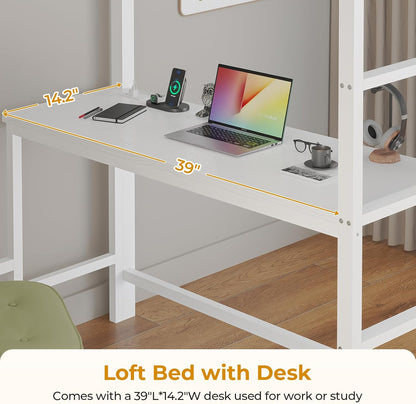 Twin Size Loft Bed with Desk and 8 Storage Drawers, Metal Kids Loft Bed Twin with LED Lights & Charging Sation, Storage Shelves, 13.1" H Safety Guard & Ladder, No Box Spring Needed, White