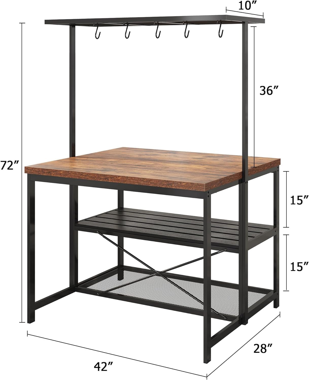 Kitchen Island with Storage, 42''Island Table for Kitchen with Seating Bakers Rack Microwave Oven Stand Shelf with 3 Tier Storage Shelf for Dining Room Living Room, 5 Hooks 42"*28"*72"