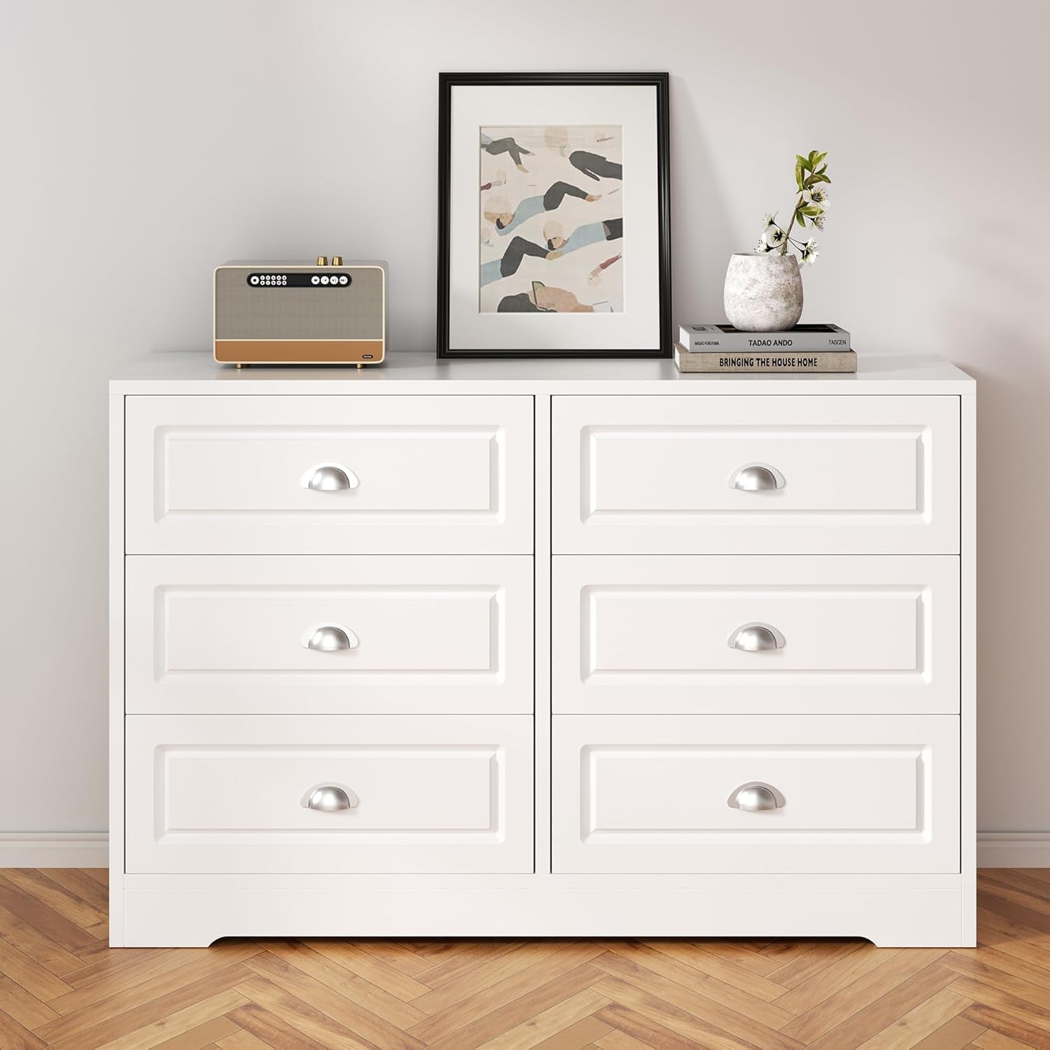 Dresser for Bedroom with 6 Drawers,Double Dresser & Chest of Drawers Wooden Organizer with Metal Handle, Storage TV Stand for Living Room,White