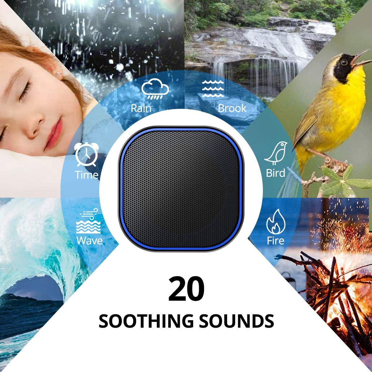 White Noise Machine with 20 Non Looping Natural Soothing Sounds Memory Function 32 Levels of Volume Powered by AC or USB and Sleep Sound Timer Therapy for Baby Kids Adults Black