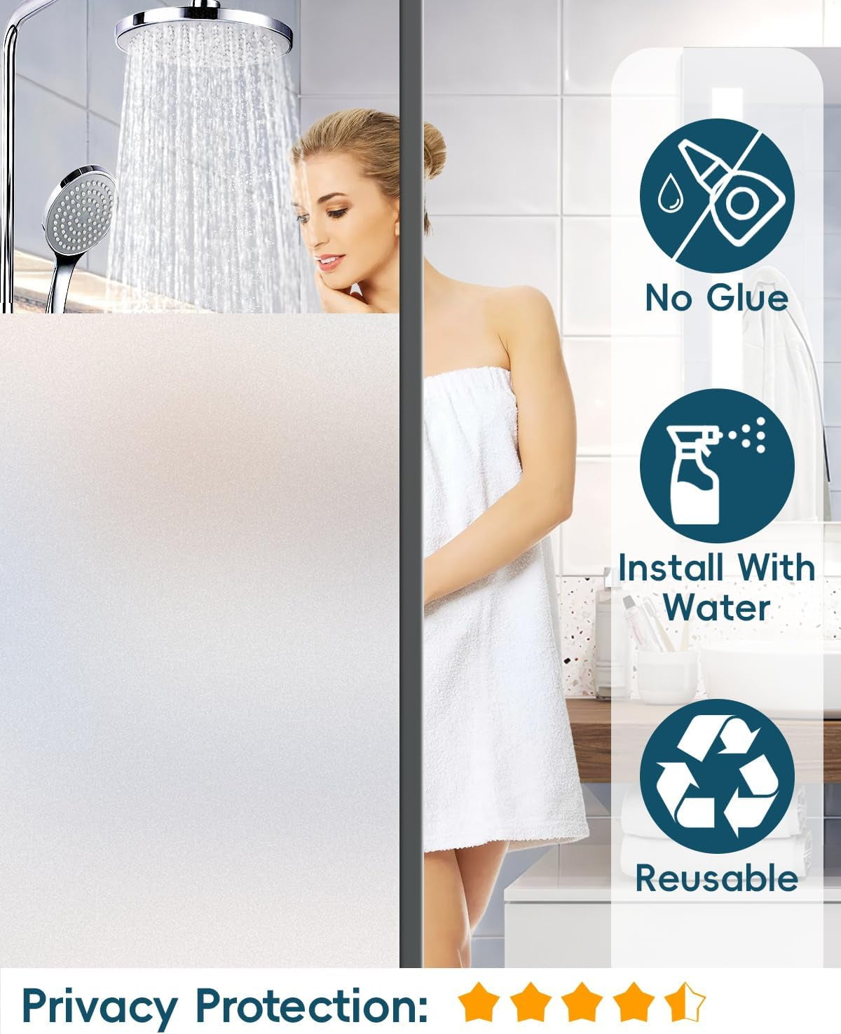 Frosted Glass Window Privacy Film Decorative, Bathroom Window Privacy Film for Glass Windows Cover, Static Cling, Removable, Reusable, Anti-Uv, Anti-Glare, Heat Blocking, 17.5 by 78.74 Inch