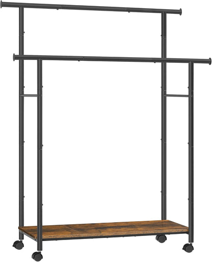 Double-Rod Clothes Rack with Wheels, 38.8 Inches Garment Rack with Shelf for Hanging Clothes, Loads up to 220 Lb, for Bedroom, Closet, Rustic Brown and Ink Black UHSR152B01
