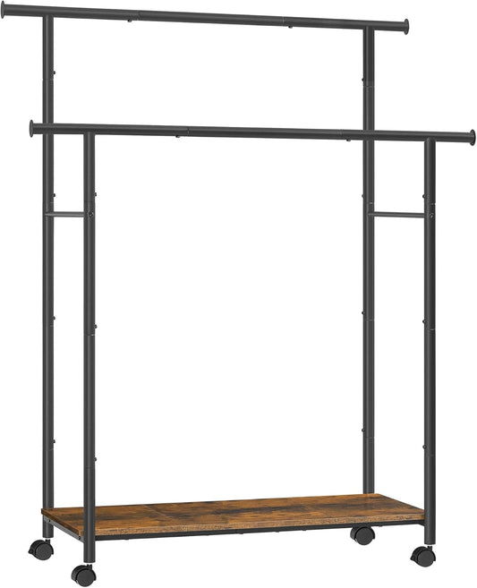 Double-Rod Clothes Rack with Wheels, 38.8 Inches Garment Rack with Shelf for Hanging Clothes, Loads up to 220 Lb, for Bedroom, Closet, Rustic Brown and Ink Black UHSR152B01