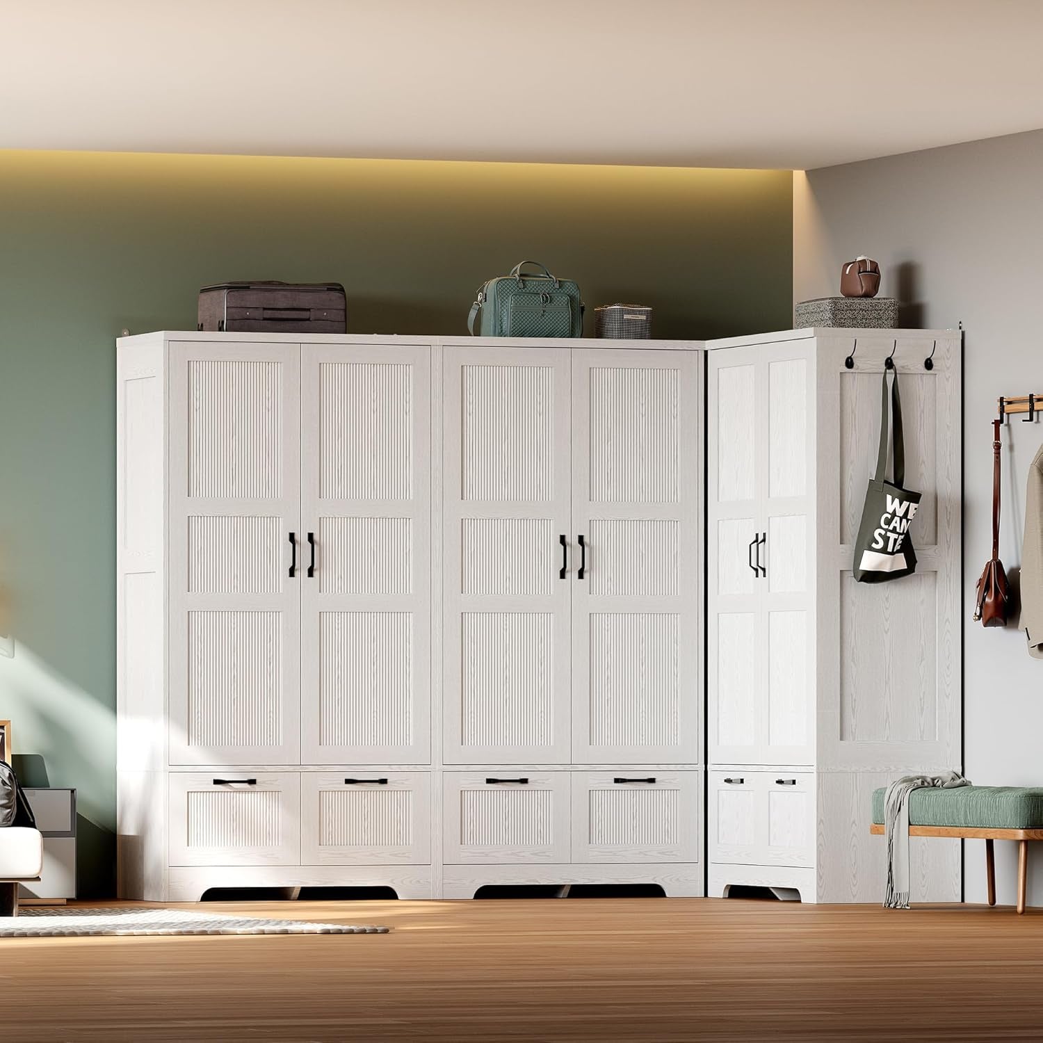 Armoire Wardrobe Closet, 71" H Wooden Clothing Storage Cabinet with 2 Doors and 2 Drawers, Bedroom Freestanding Wardrobe Combination with Hanging Rod and Adjustable Shelves, White
