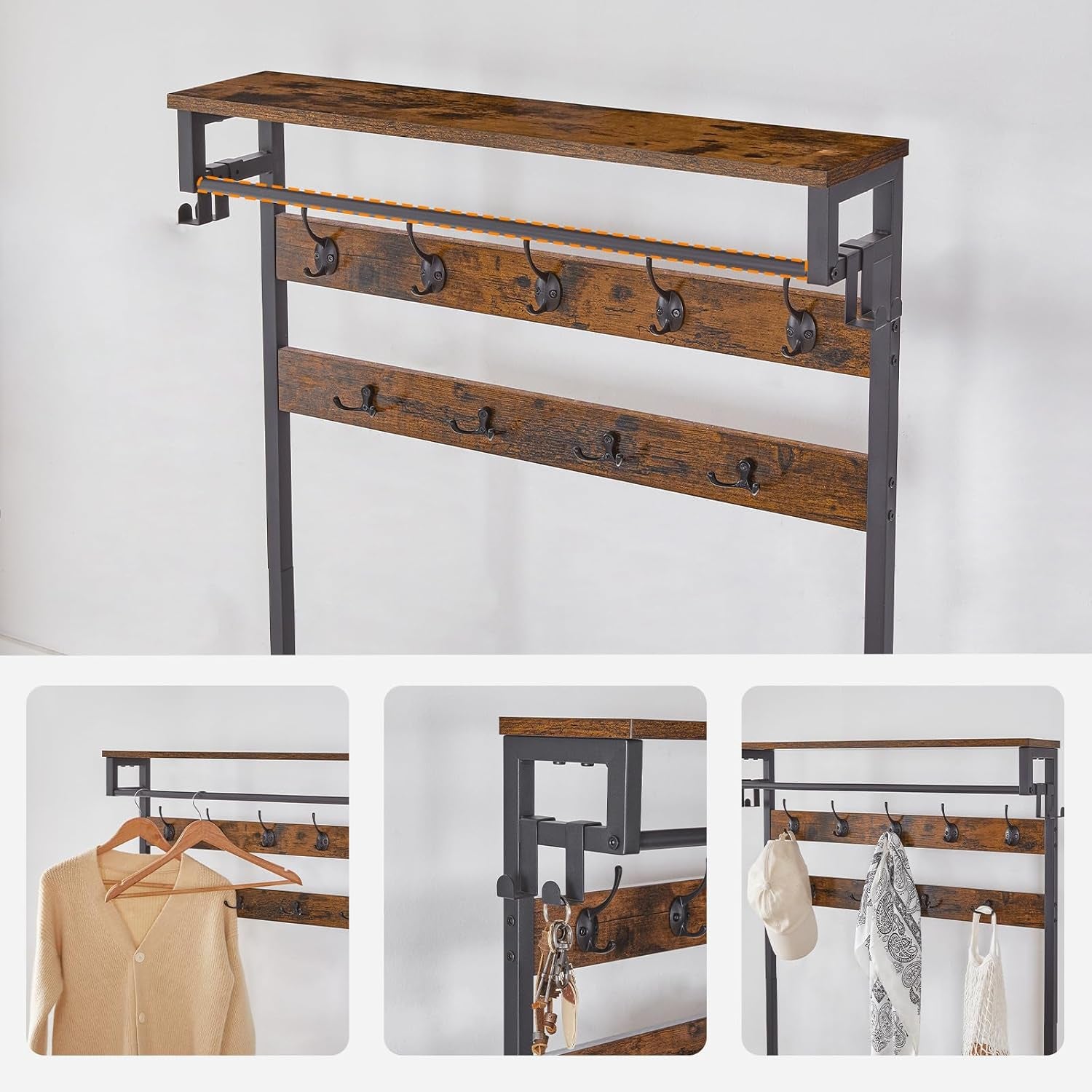 Hall Tree with Bench, Entryway Coat Rack with Shoe Rack, Shoe and Coat Rack, 5 Tier Shoe Storage Organizer with Oxford Fabric Side Pockets, Adjustable Mesh Shelves, Rustic Brown BF75MT01