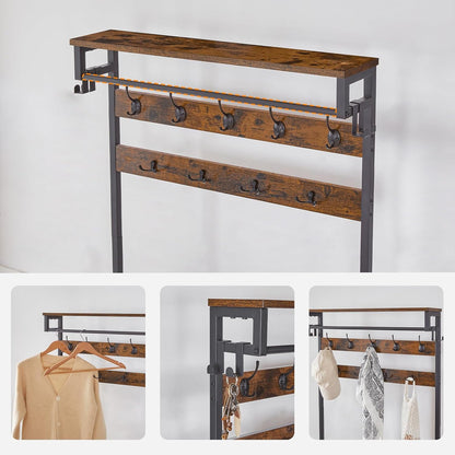 Hall Tree with Bench, Entryway Coat Rack with Shoe Rack, Shoe and Coat Rack, 5 Tier Shoe Storage Organizer with Oxford Fabric Side Pockets, Adjustable Mesh Shelves, Rustic Brown BF75MT01