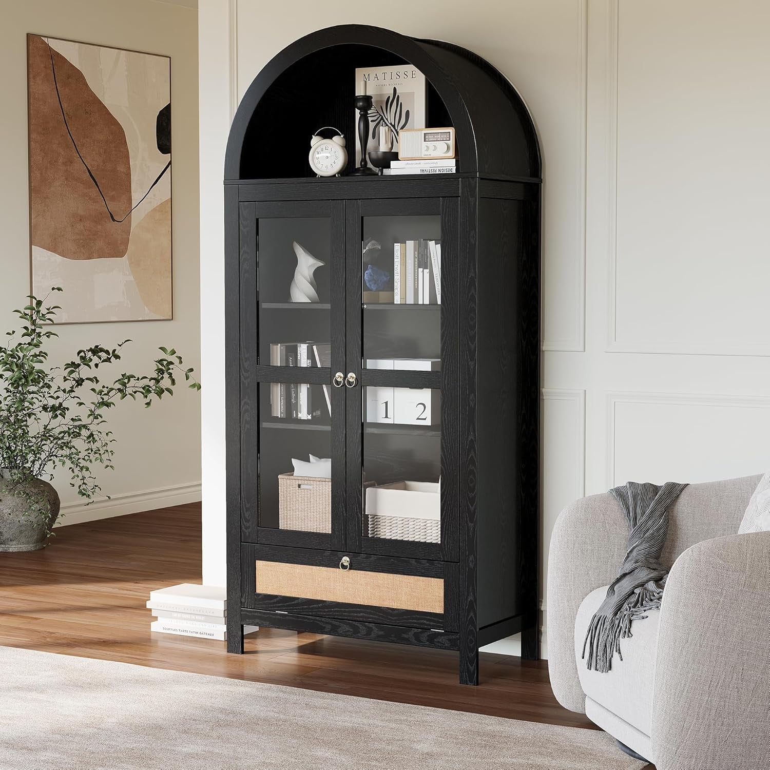 71” Tall Arched Kitchen Pantry Cabinet, Modern Farmhouse Hutch Storage Cabinets with Large Drawer and Glass Doors for Kitchen, Dining Room, Living Room, Black