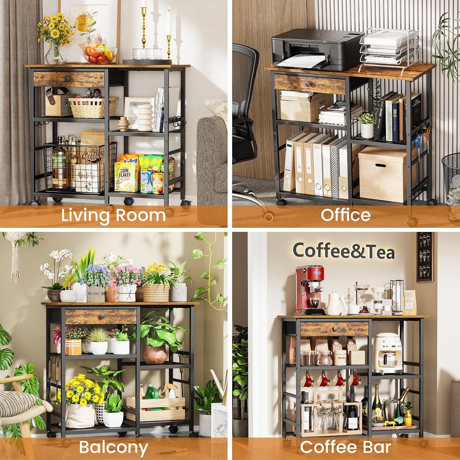 Microwave Stand, 6-Tier Microwave Cart with Wheels & Adjustable Shelf, Coffee Bar Table Station, Rolling Storage Cart Organizer Shelf for Living Room, Kitchen Island, Office, Rustic Brown