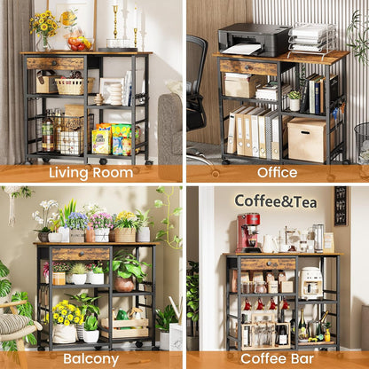 Microwave Stand, 6-Tier Microwave Cart with Wheels & Adjustable Shelf, Coffee Bar Table Station, Rolling Storage Cart Organizer Shelf for Living Room, Kitchen Island, Office, Rustic Brown