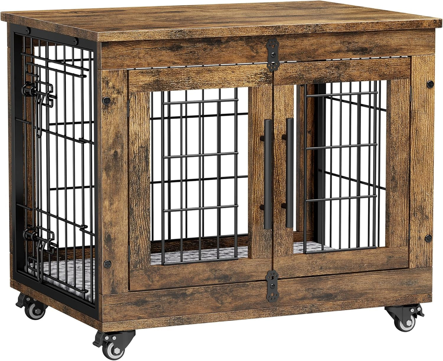 Small Dog Crate Furniture Set of 2, Dog Kennel Indoor Double Doors Wooden Dog Cage, 27' Heavy Duty Dog Crate with Cushion & Wheels, End Table Pet House Chew-Resistant up to 30 Lb, Rustic Brown