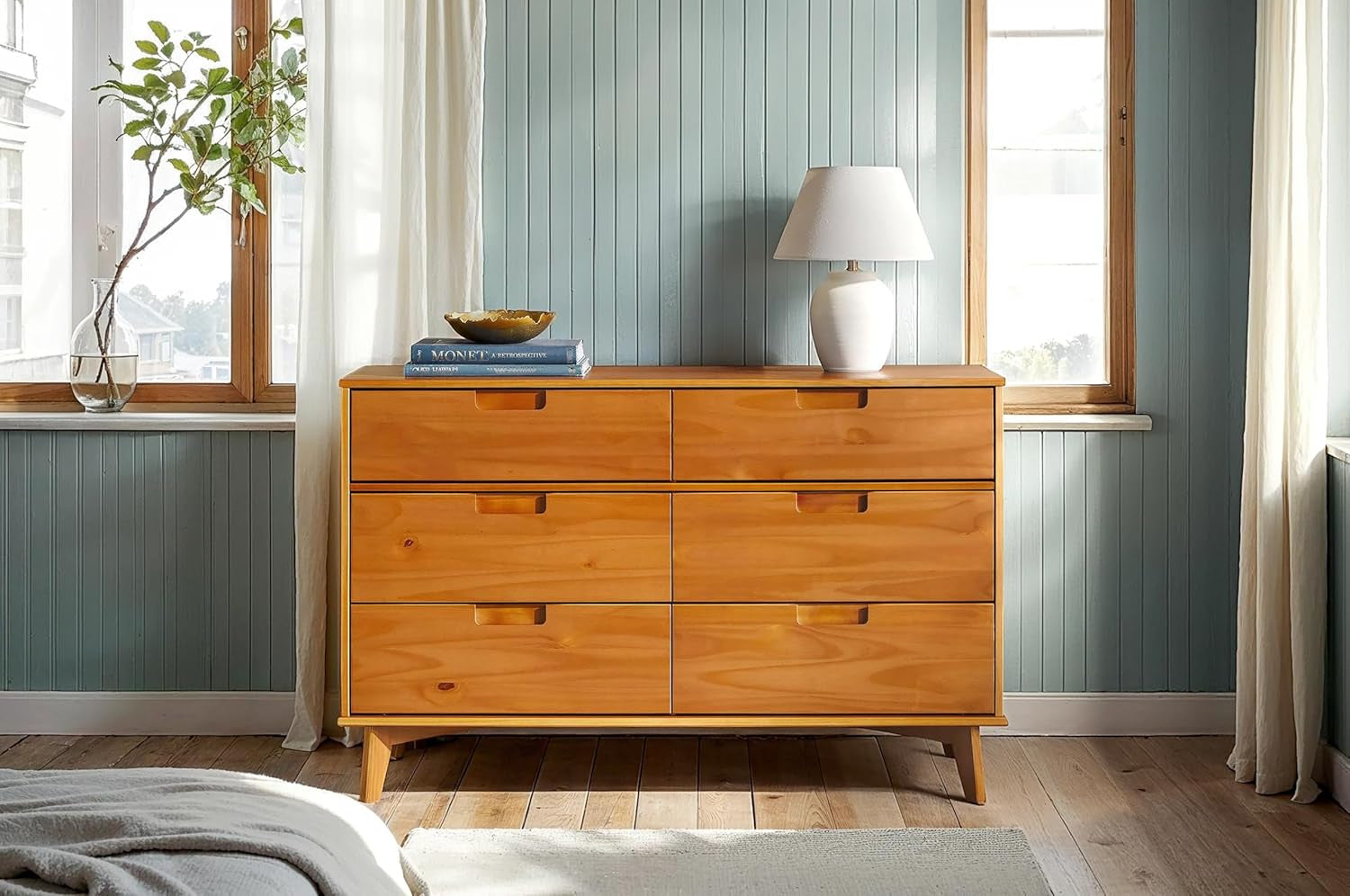 Sloane 6-Drawer Groove Handle Solid Wood Dresser, 52 Inch, Caramel