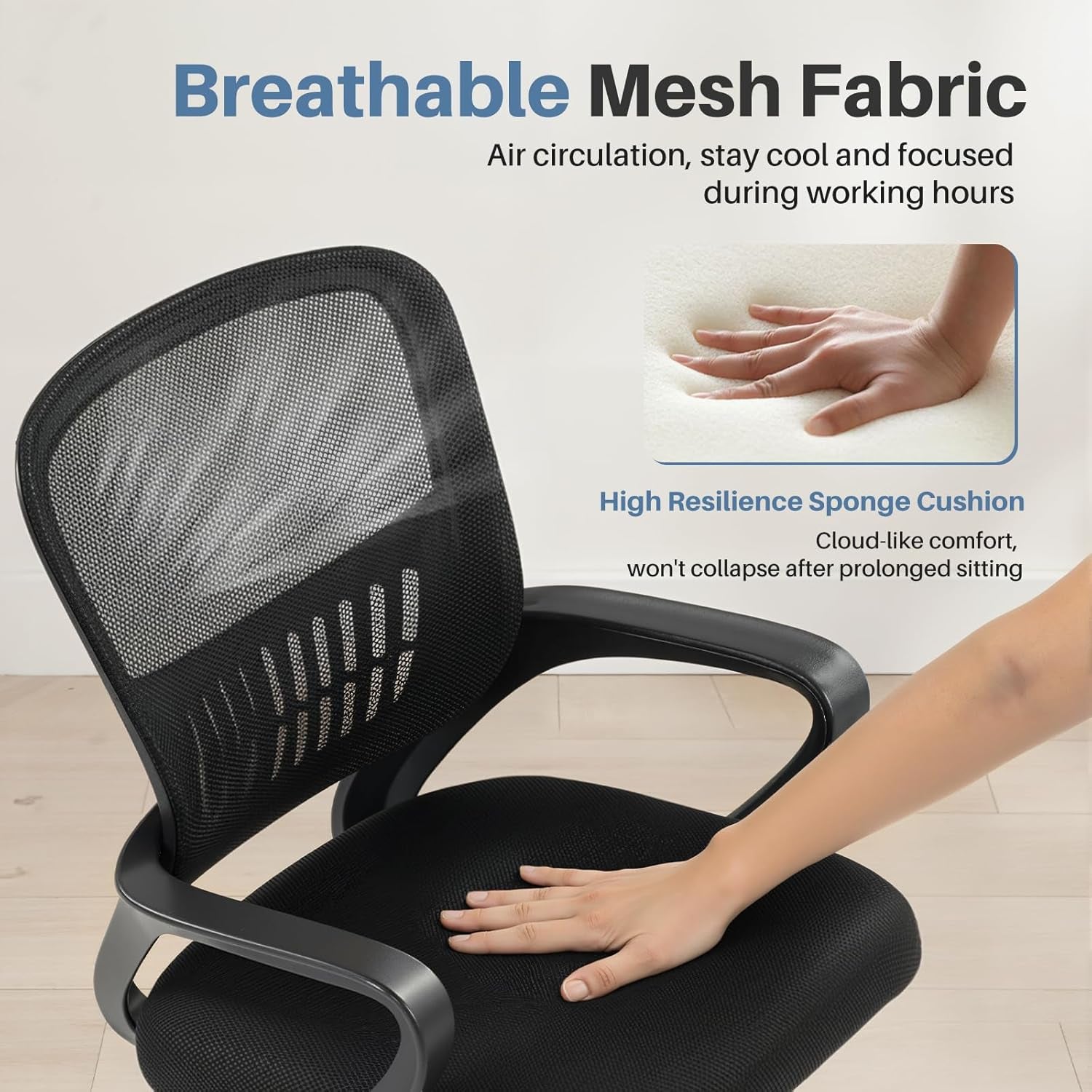 Home Office Computer Chair - Ergonomic Mid Back Desk with Lumbar Support and Rocking Mode, Height Adjustable with Fixed Armrest, for Conference Meeting Room, 360° Swivel, Adults, Black