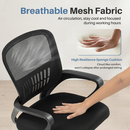 Home Office Computer Chair - Ergonomic Mid Back Desk with Lumbar Support and Rocking Mode, Height Adjustable with Fixed Armrest, for Conference Meeting Room, 360° Swivel, Adults, Black