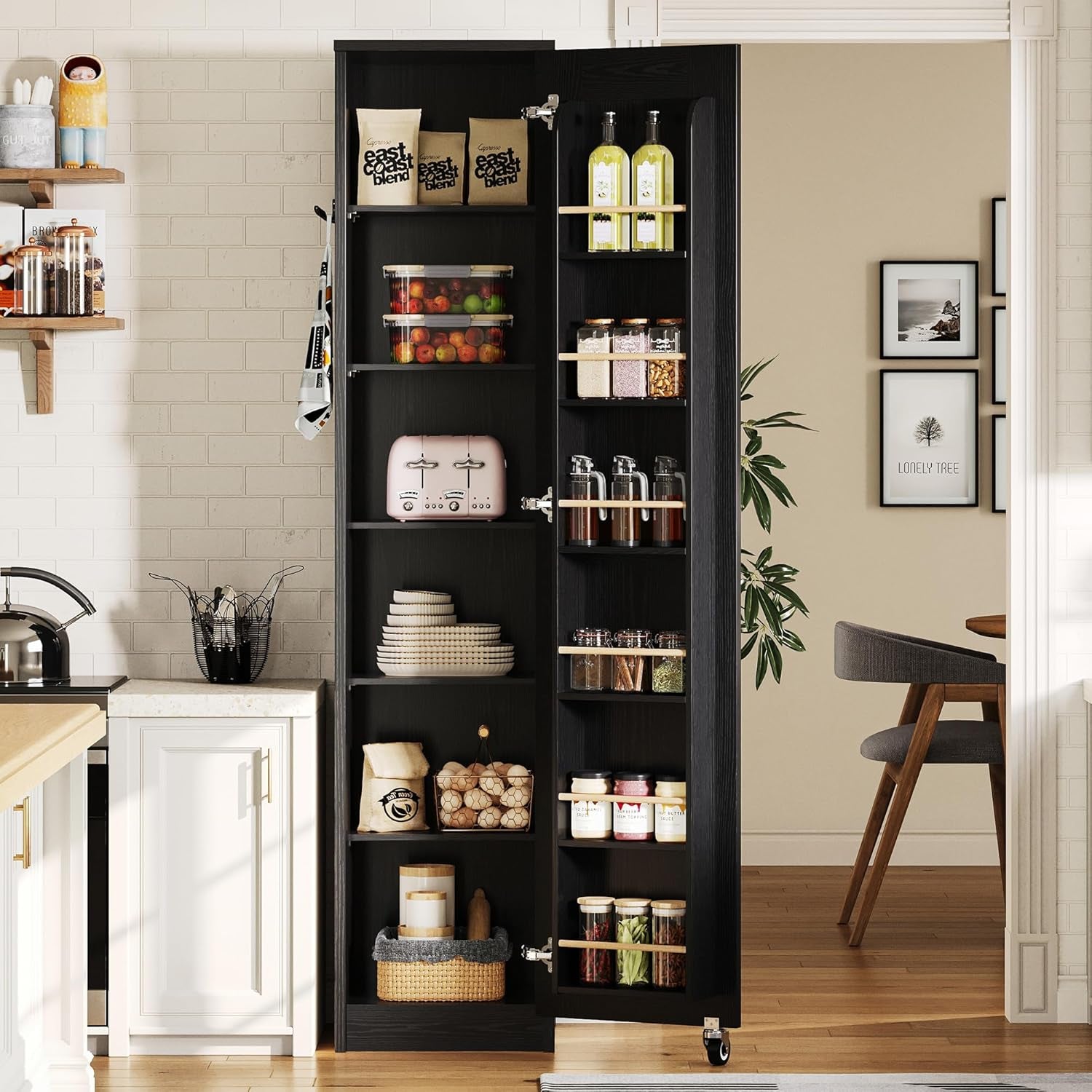 Narrow Kitchen Pantry Storage Cabinet, 72" Slim Single Door with 6 Adjustable Shelves, Door Rack and Wheels, Space Saving Freestanding Storage Floor Cabinet for Small Place, Black
