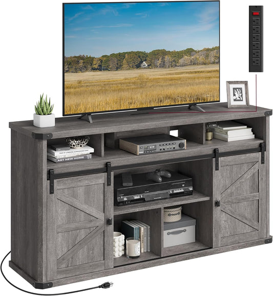 TV Stand for Tvs up to 65 Inches, Farmhouse Entertainment Center with Sliding Barn Doors, TV Console Table for Living Room, Misty Gray ULTV322G68