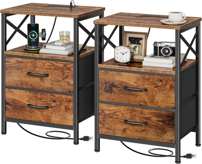 Nightstands Set of 2, Night Stand with Charger Station, 2 Drawer Side Table with Open Shelf, USB-C Port, End Table for Small Spaces, X Shaped Side Rail, Rustic Brown