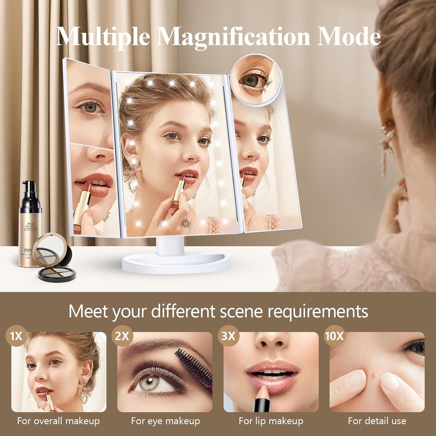 Makeup Mirror Vanity with Lights, 2X 3X 10X Magnification, Touch Control, Trifold Mirror, Dual Power Supply, Gifts for Women, Wife, Mom, Teengirls(White)