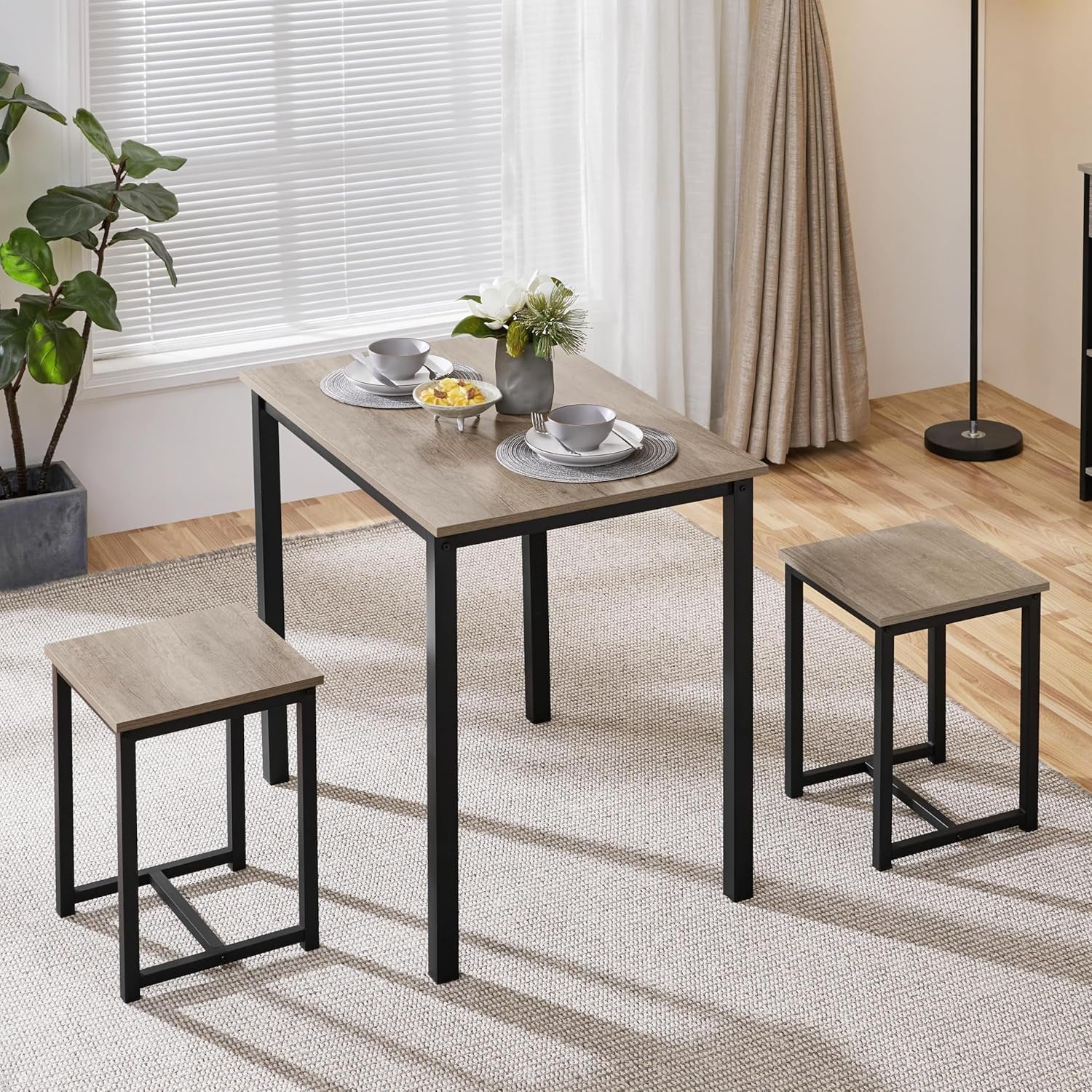3 Piece Dining Table Set - Kitchen Table & Chair Sets for 2 - Compact Table W/ 2 Stools & Space Saving Design for Dining Room Living Room Kitchen, Gray