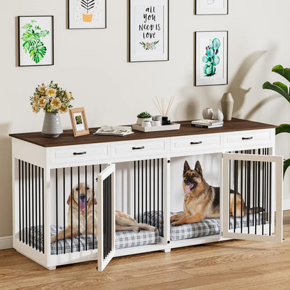 Large Dog Crate Furniture, 86.6" Wooden Dog Crate Kennel with 4 Drawers and Divider, XL Heavy Duty Dog Crates Cage Furniture for 2 Large Dogs Indoor