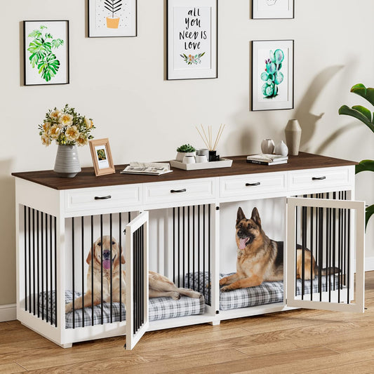 Large Dog Crate Furniture, 86.6" Wooden Dog Crate Kennel with 4 Drawers and Divider, XL Heavy Duty Dog Crates Cage Furniture for 2 Large Dogs Indoor