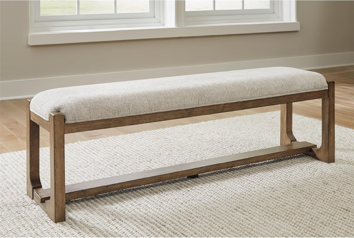 Signature Design by Ashley Cabalynn Farmhouse Upholstered Dining Bench, Foam Cushion, Hardwood Solids, 63.5" W X 16.5" D X 19.75" H, Beige & Light Brown