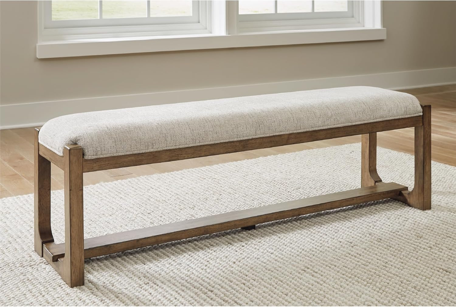 Signature Design by Ashley Cabalynn Farmhouse Upholstered Dining Bench, Foam Cushion, Hardwood Solids, 63.5" W X 16.5" D X 19.75" H, Beige & Light Brown