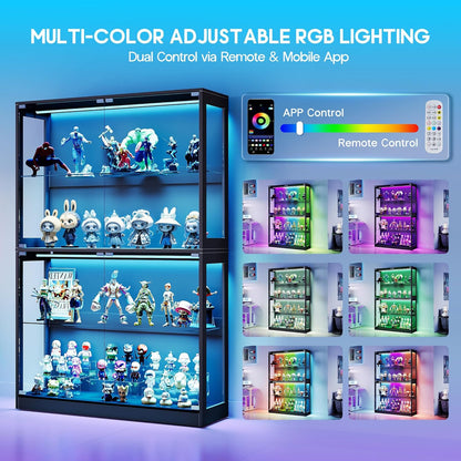 RGB Display Cabinet with Adjustable Glass Shelves, 4-Tier Storage Case with LED Lights & Press-To-Open Doors, Modern Display Shelf for Collectibles, Black 70" H×45" L×16" D