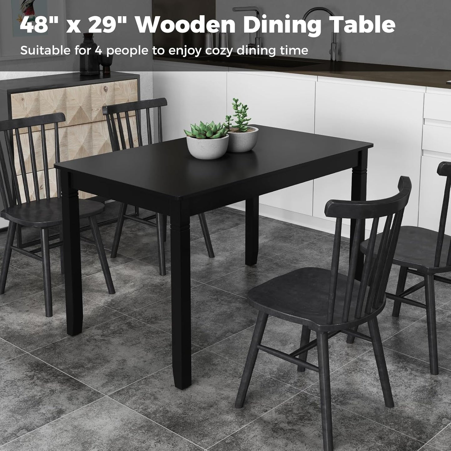 Dining Table for 4 People, 48"X 29" Kitchen Table with Wood Legs, Load 330 Lbs, Rectangular Dinner Table for Small Space, Dinette, Breakfast Nook, Apartment, Living Room, Dining Room (Black)