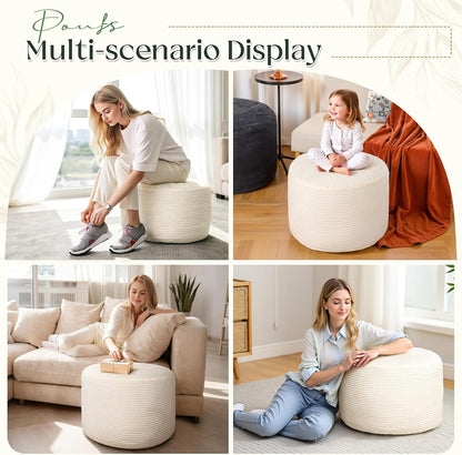 Round Corduroy Ottoman Foot Rest Pouf for Living Room Couch - Soft Plush Shredded Foam Filled Hassock Stool, Comfy Footstool